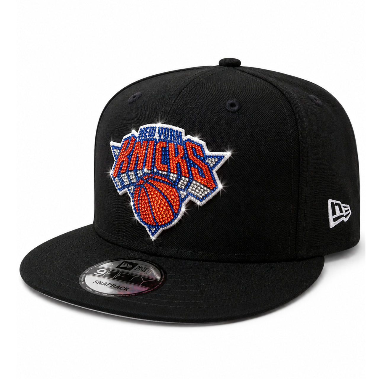 New Era New York Knicks Rhinestone Black 9FIFTY Snapback Hat angle view