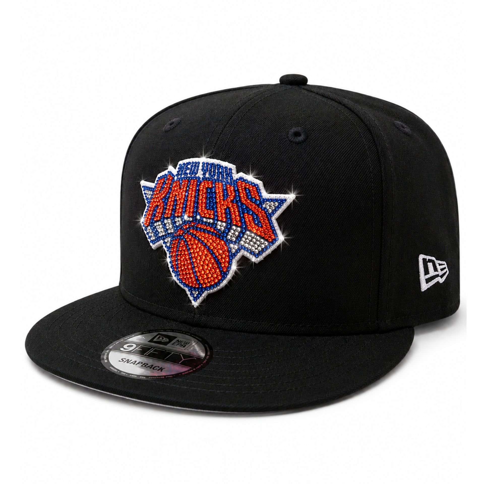 New Era New York Knicks Rhinestone Black 9FIFTY Snapback Hat angle view