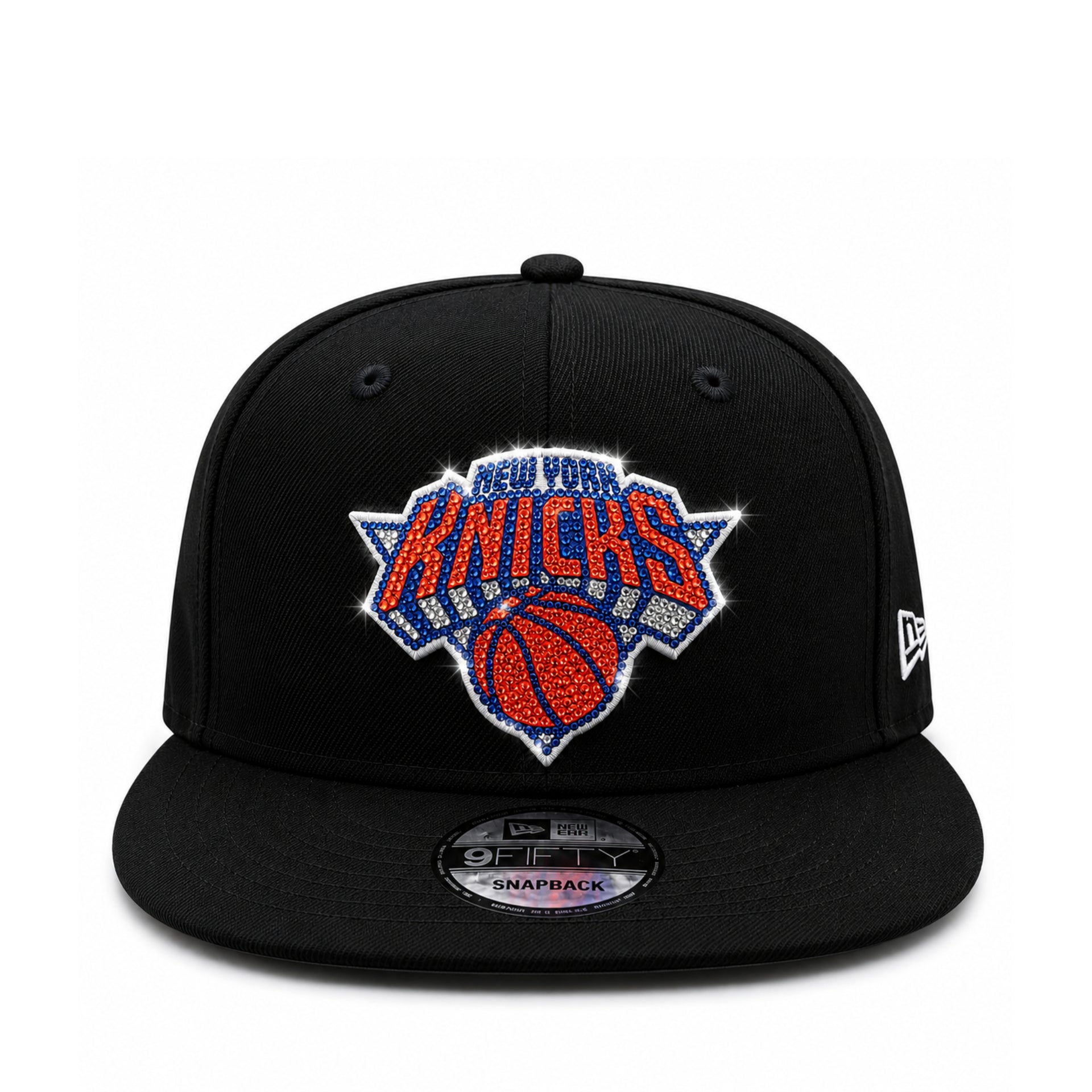 New Era New York Knicks Rhinestone Black 9FIFTY Snapback Hat front view