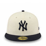 Front view of New York Yankees New Era 59FIFTY fitted hat chrome crown and navy visor