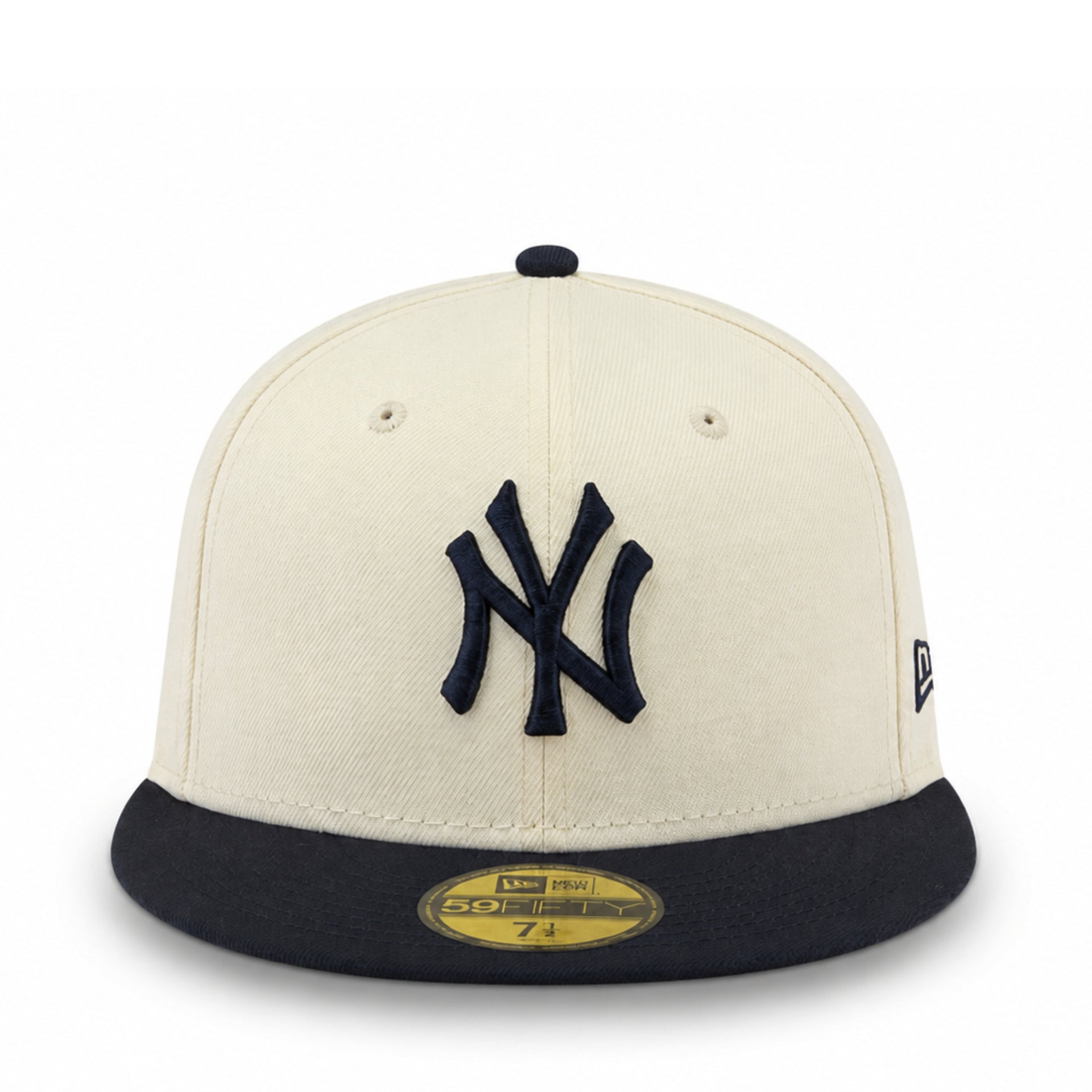 Front view of New York Yankees New Era 59FIFTY fitted hat chrome crown and navy visor