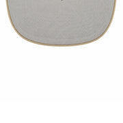 Close-up of a gray woven mat with a beige border on a white background