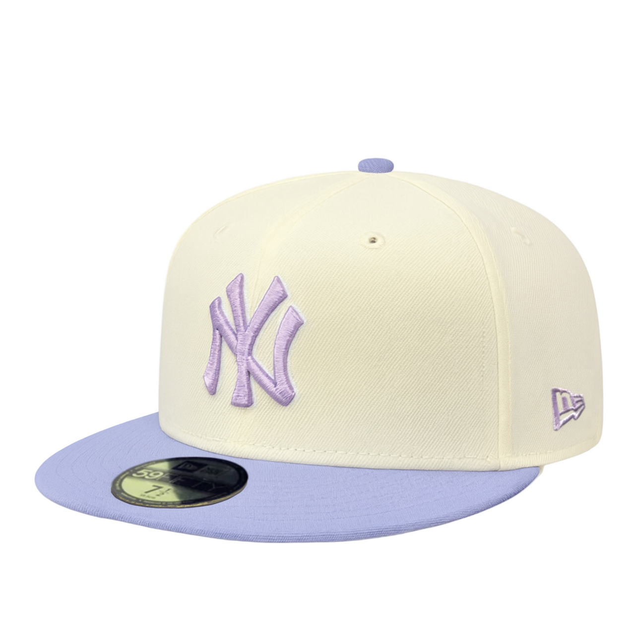 Chrome and lavender New Era New York Yankees 59FIFTY fitted hat with lavender NY logo, front view on white background