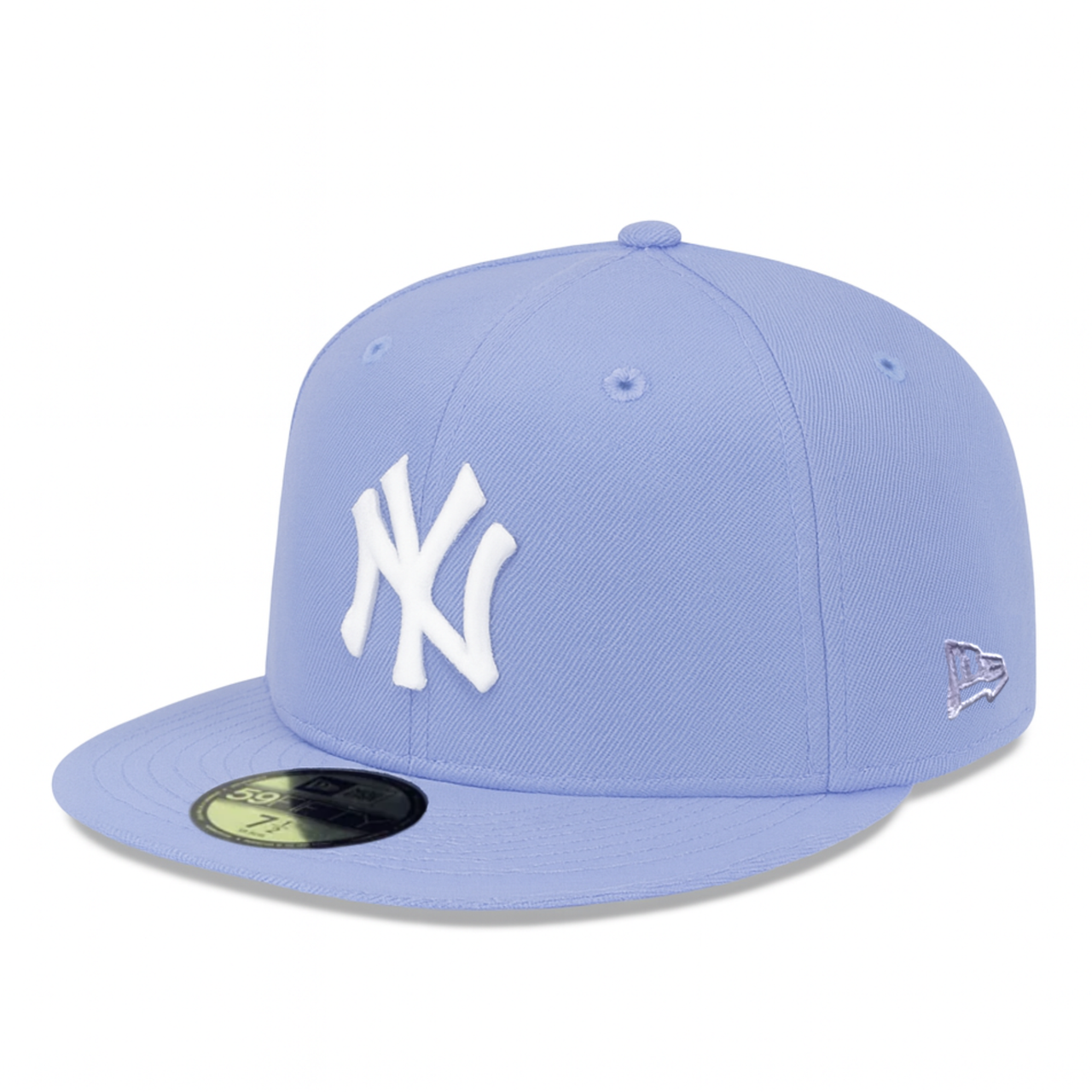 Lavender New Era New York Yankees 59FIFTY fitted hat with white NY logo, front view on white background