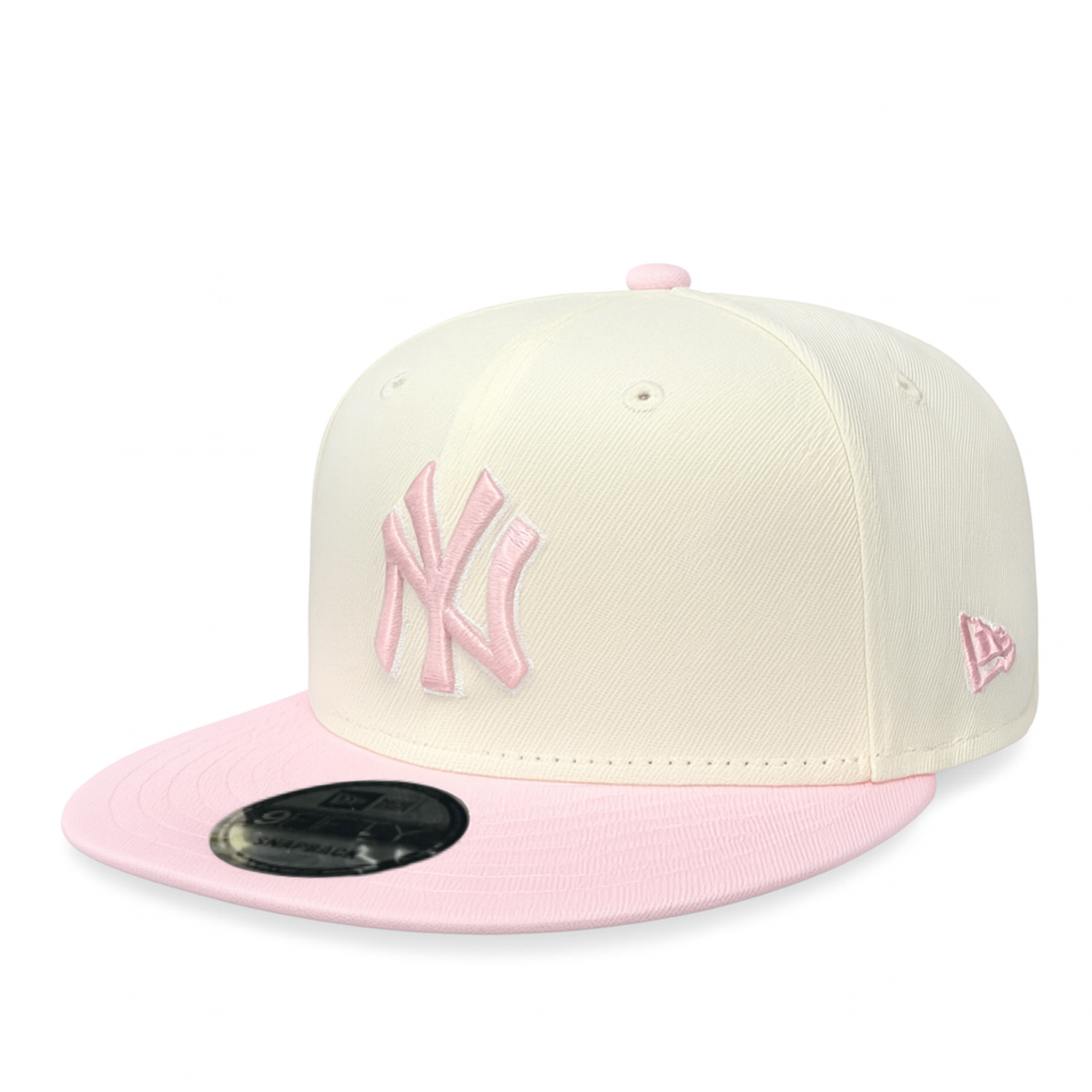 Chrome and pink New Era New York Yankees 9FIFTY snapback hat with pink NY logo, front view on white background