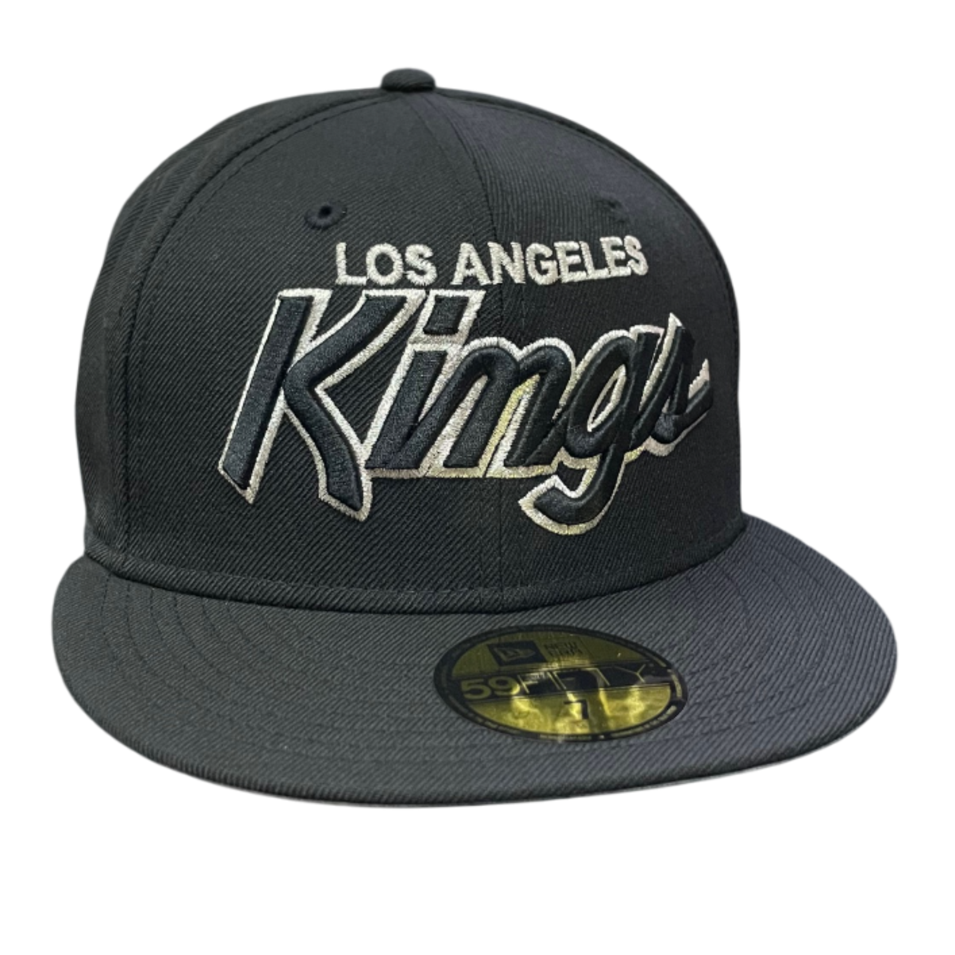 Los Angeles Kings Script Logo Black Silver Outlined 59FIFTY Fitted Hat 