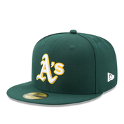 New Era Oakland Athletics A’s Team Color Green & White Yellow Outlined 59FIFTY Fitted Hat front angle view