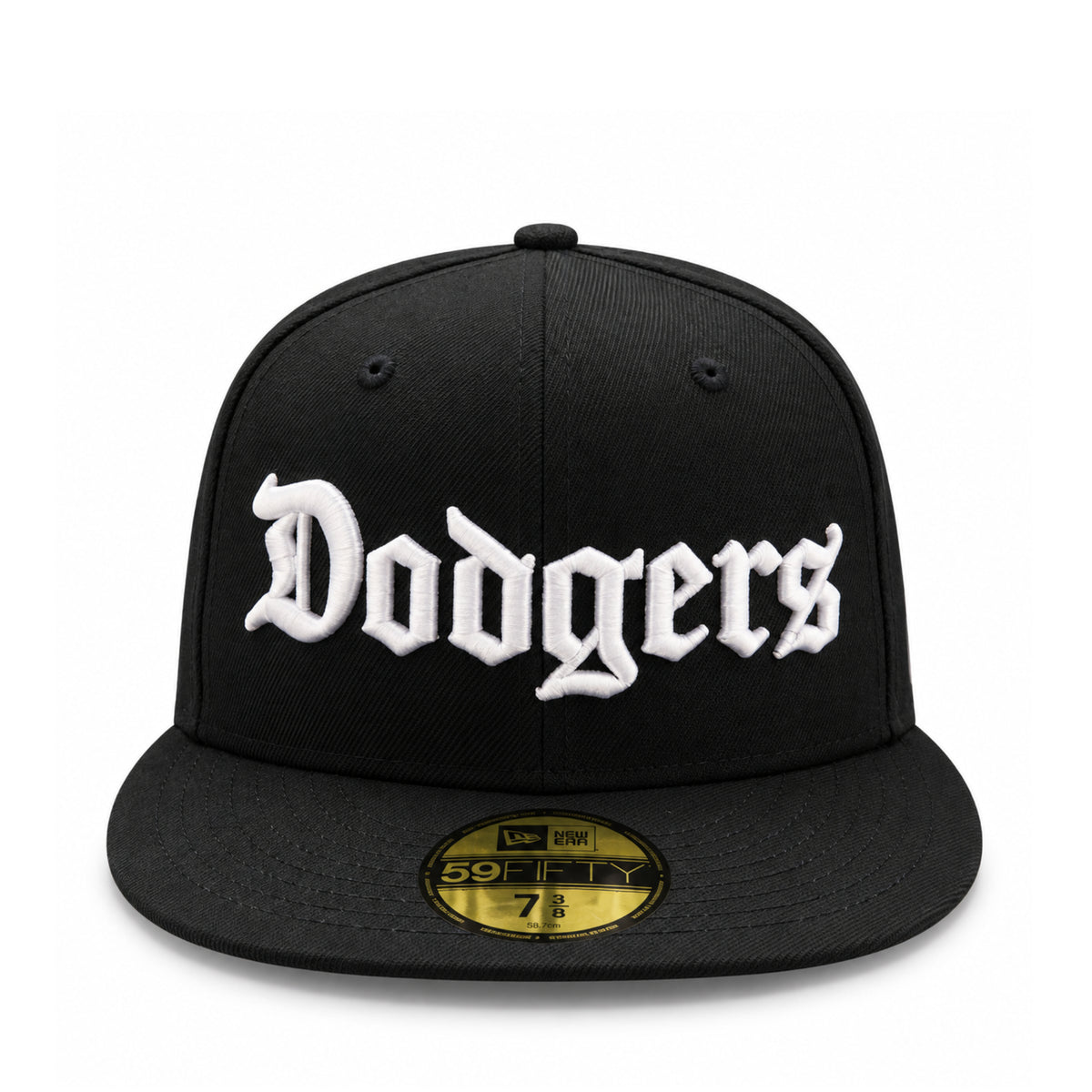 New Era Los Angeles Dodgers Old English Black White 59FIFTY Fitted Hat front view