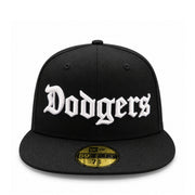 New Era Los Angeles Dodgers Old English Black White 59FIFTY Fitted Hat front view