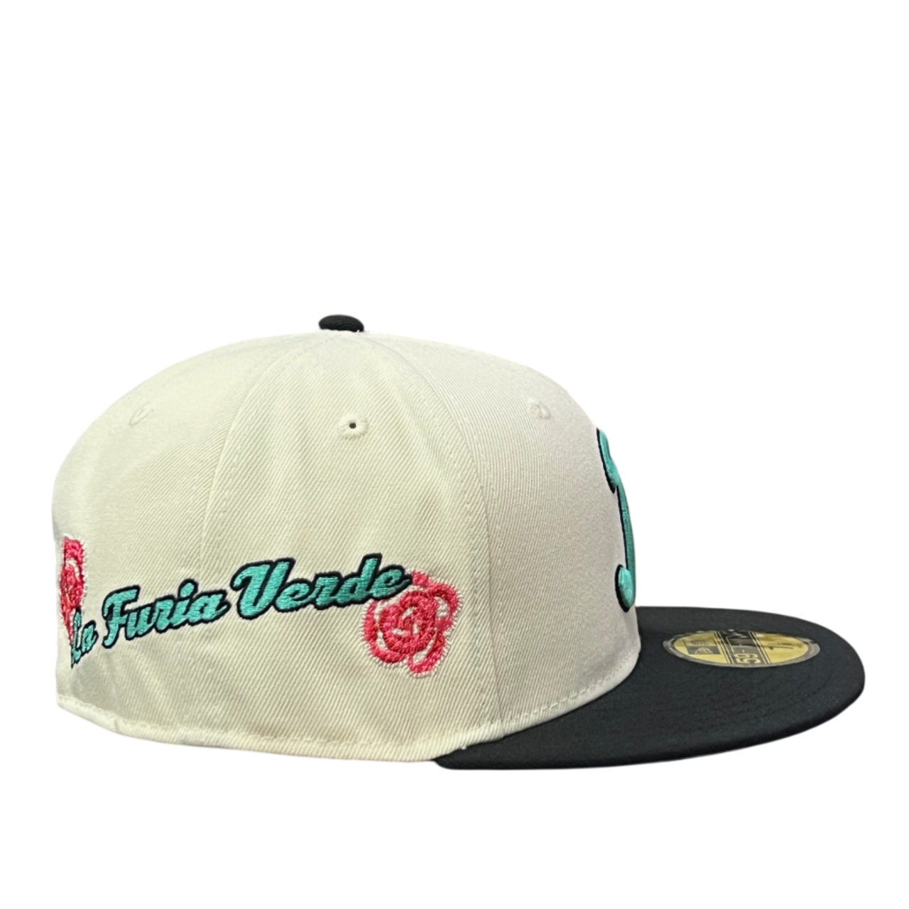 side of LMB Pericos de Puebla Chrome Black Rose 59FIFTY Fitted Hat