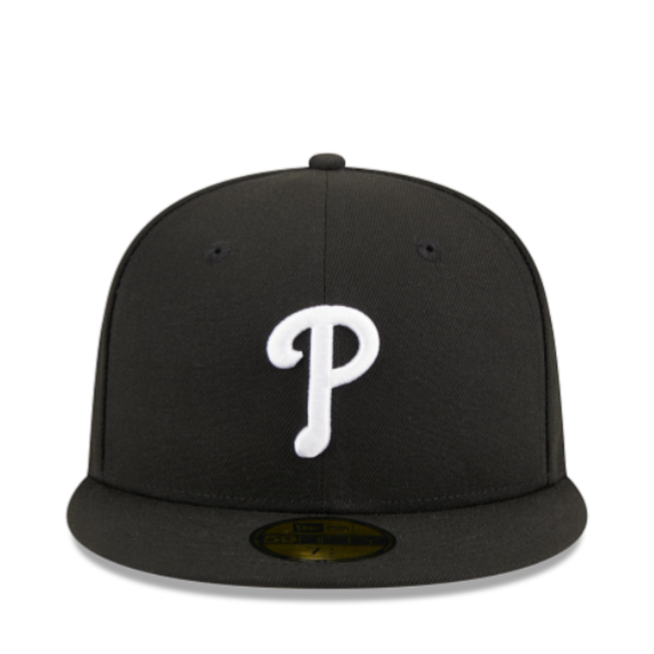 Front View of New Era Philadelphia Phillies P Black White 59FIFTY Fitted Hat