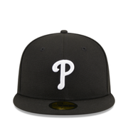Front View of New Era Philadelphia Phillies P Black White 59FIFTY Fitted Hat