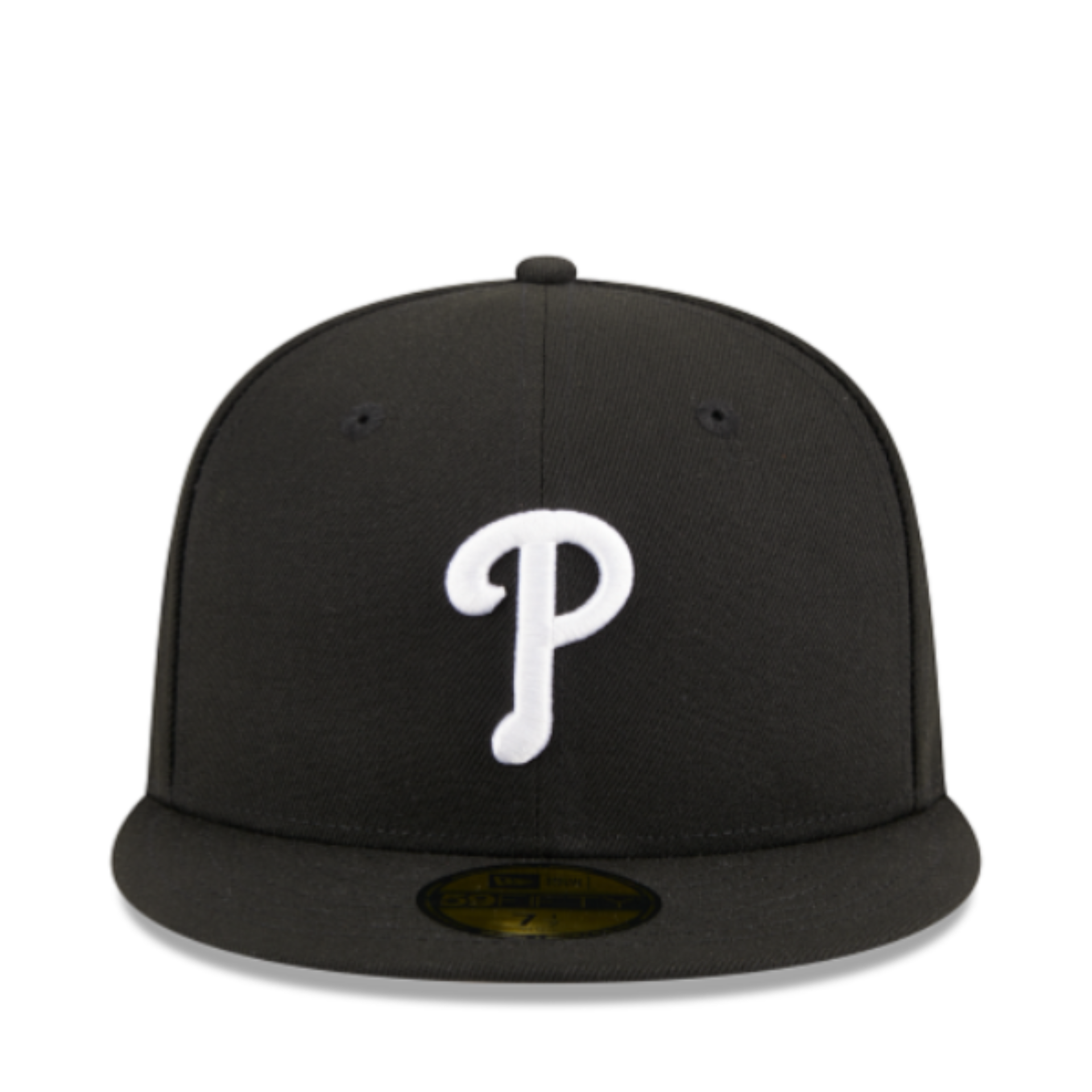 Front View of New Era Philadelphia Phillies P Black White 59FIFTY Fitted Hat