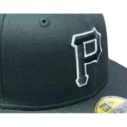 closer view of Pittsburgh Pirates Black White Outlined 59FIFTY Fitted Hat