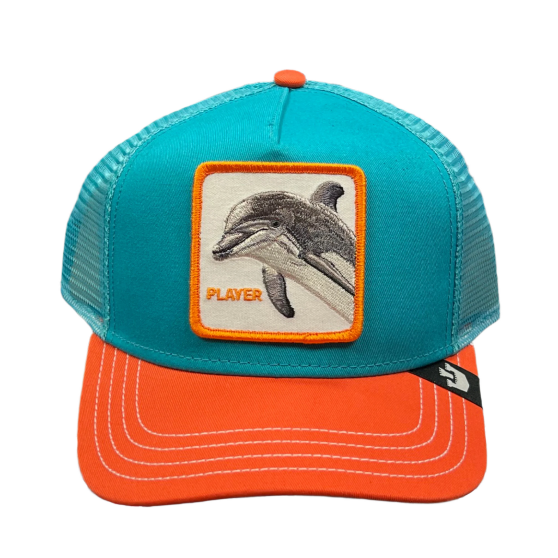 the front side of  the player dolphin goorin bros trucker snapback hat