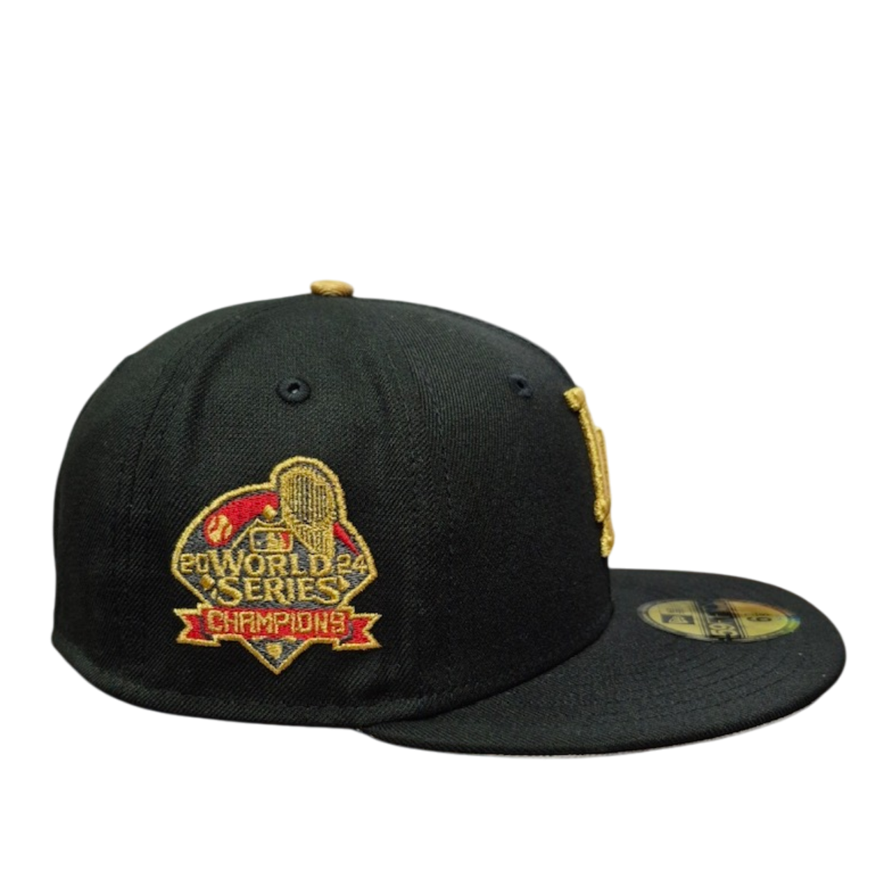 Black baseball cap with gold and red 'World Series Champions' logo on a white background