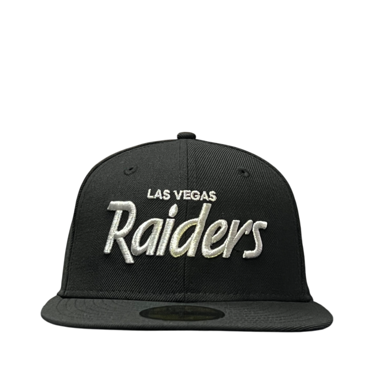 front of Las Vegas Raiders Script Black Silver Fitted Hat