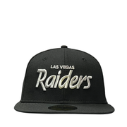 front of Las Vegas Raiders Script Black Silver Fitted Hat