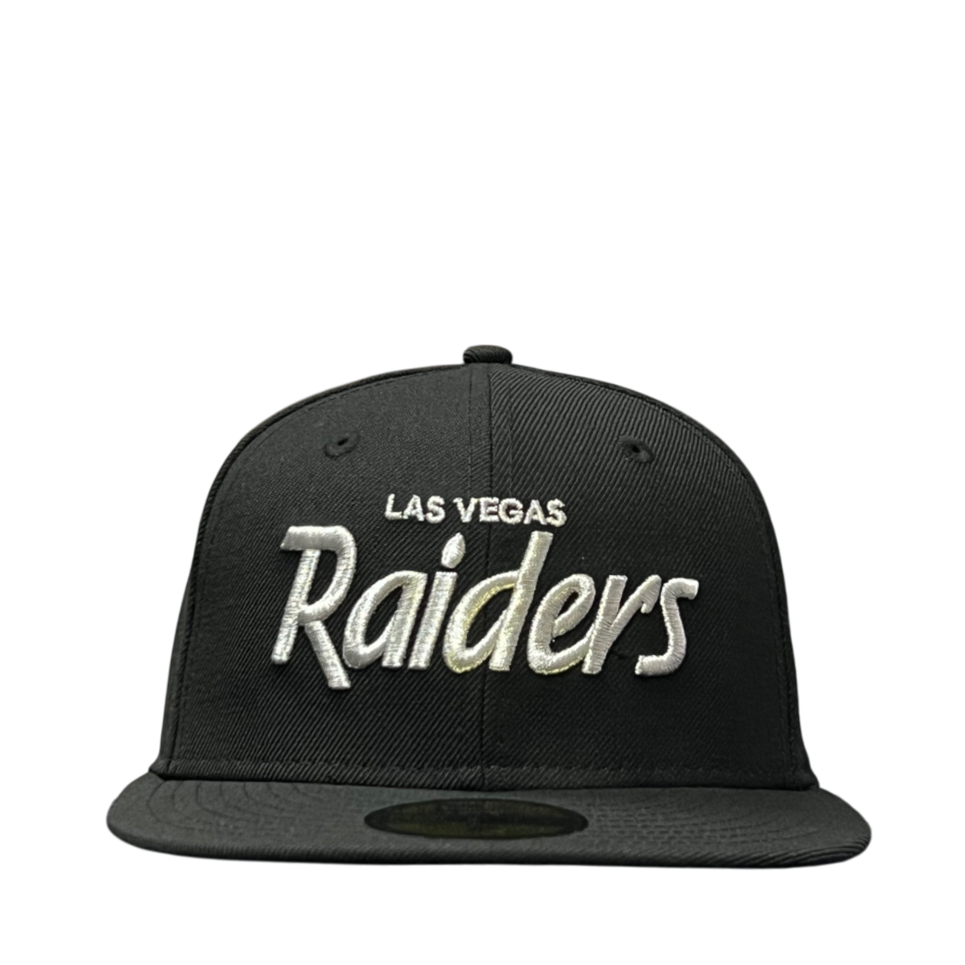 front of Las Vegas Raiders Script Black Silver Fitted Hat