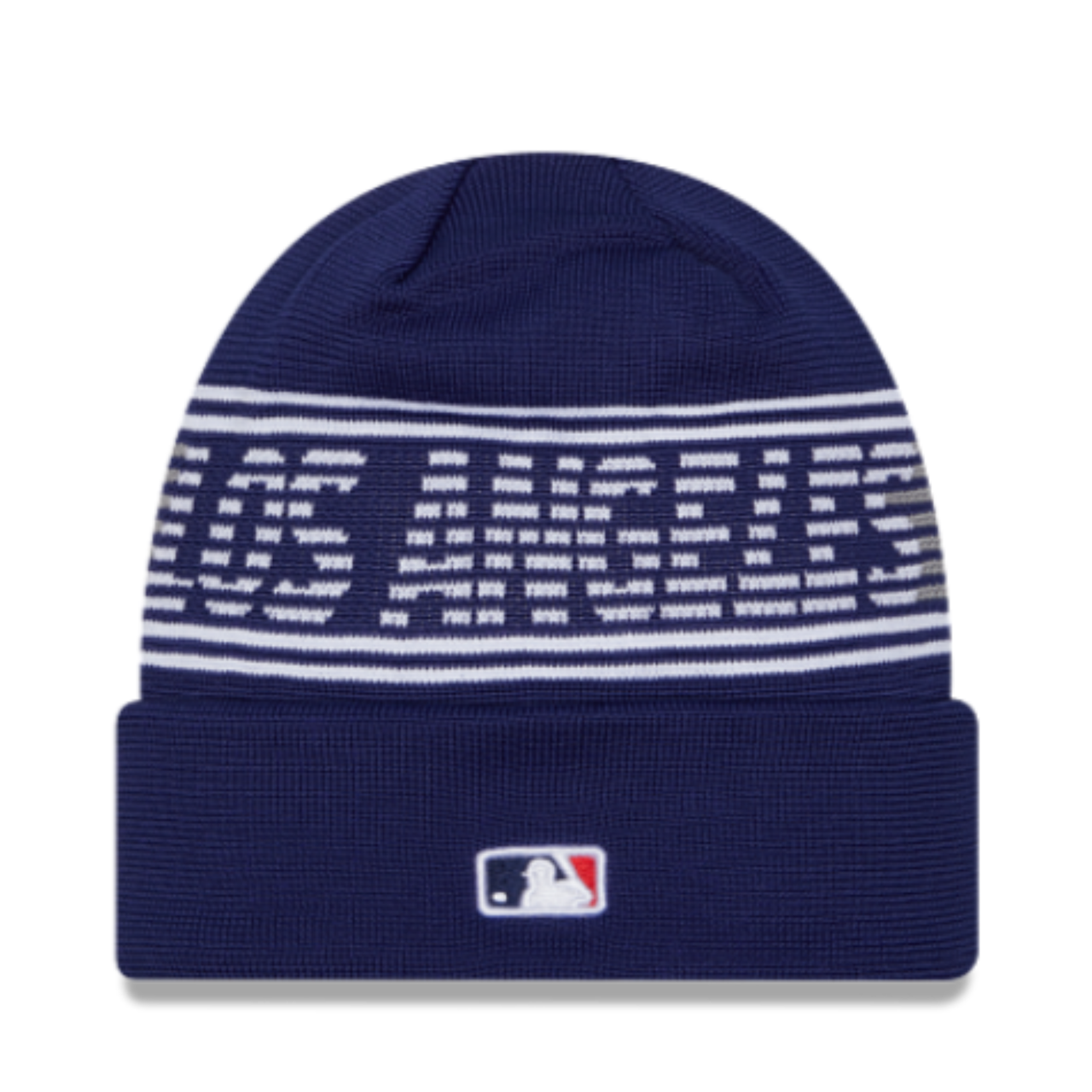 Back of New Era Los Angeles Dodgers City Connect Royal Blue Cuff Knit Beanie 