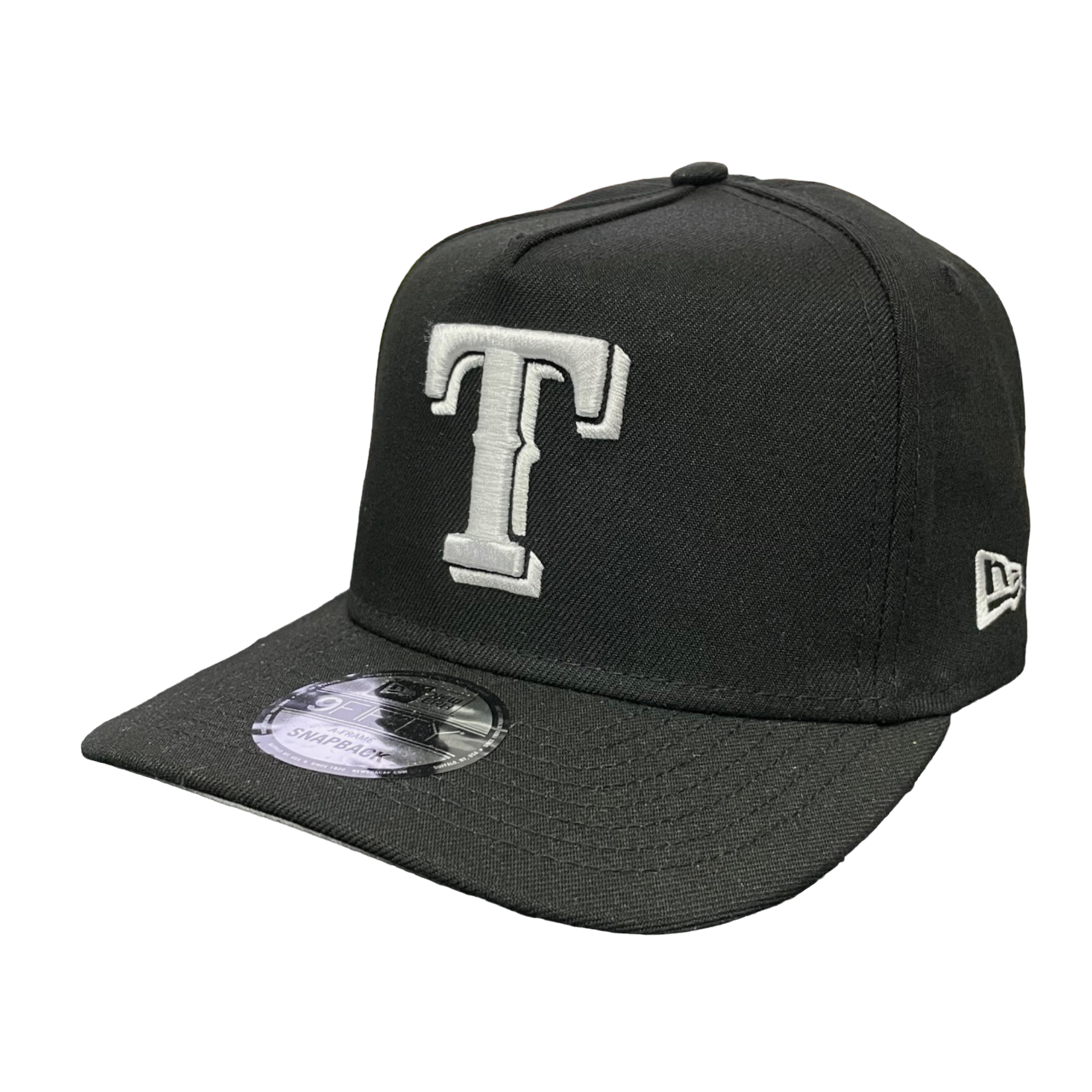 New Era Texas Rangers T A-Frame Curved Black White Snapback Hat