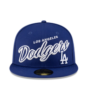 Front of New Era 59Fifty Los Angeles Dodgers Blue Script Side Patch Fitted Hat 