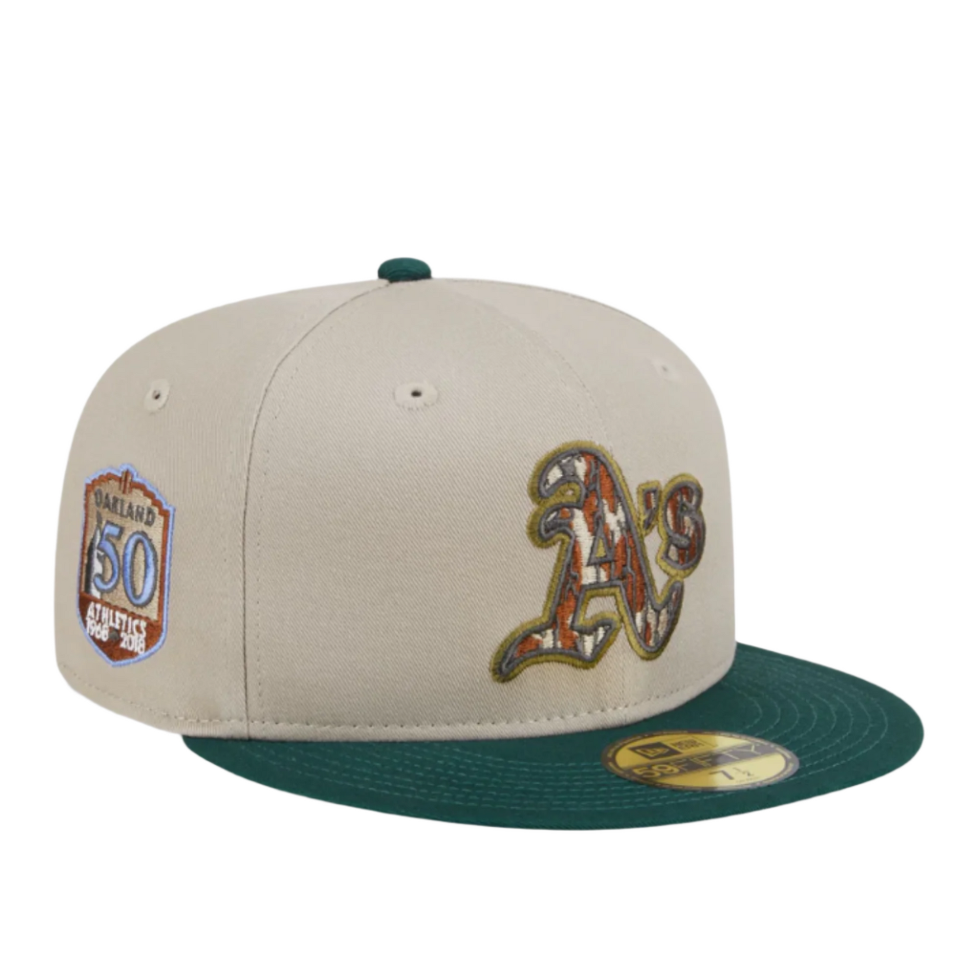 Oakland Athletics A's New Era Natural/Hunter Green Lifestyle Tree Bark Fill 59FIFTY Fitted Hat