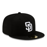 New Era San Diego Padres Black White 59FIFTY Fitted Hat right front view