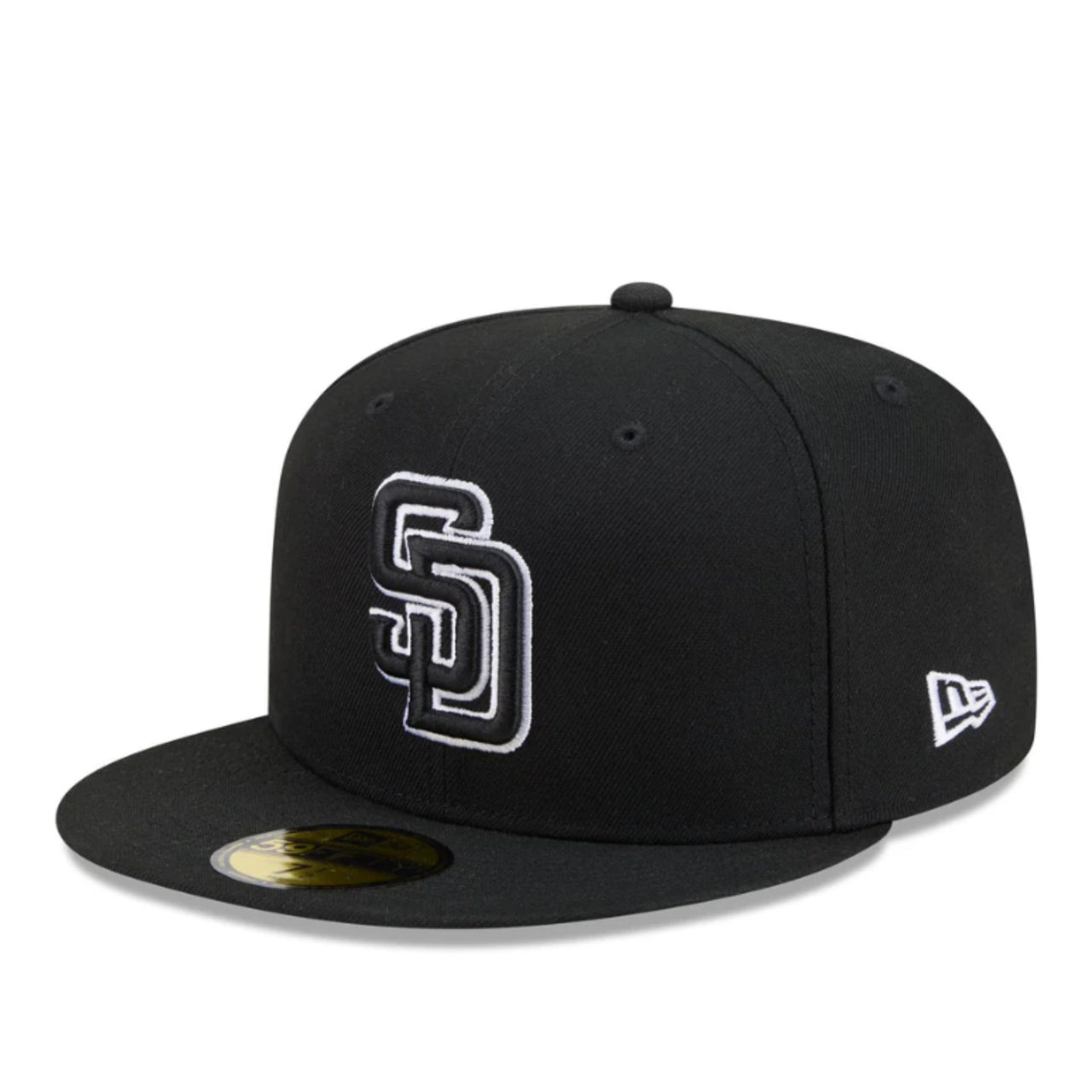 New Era San Diego Padres Black White Outlined 59FIFTY Fitted Hat front left view