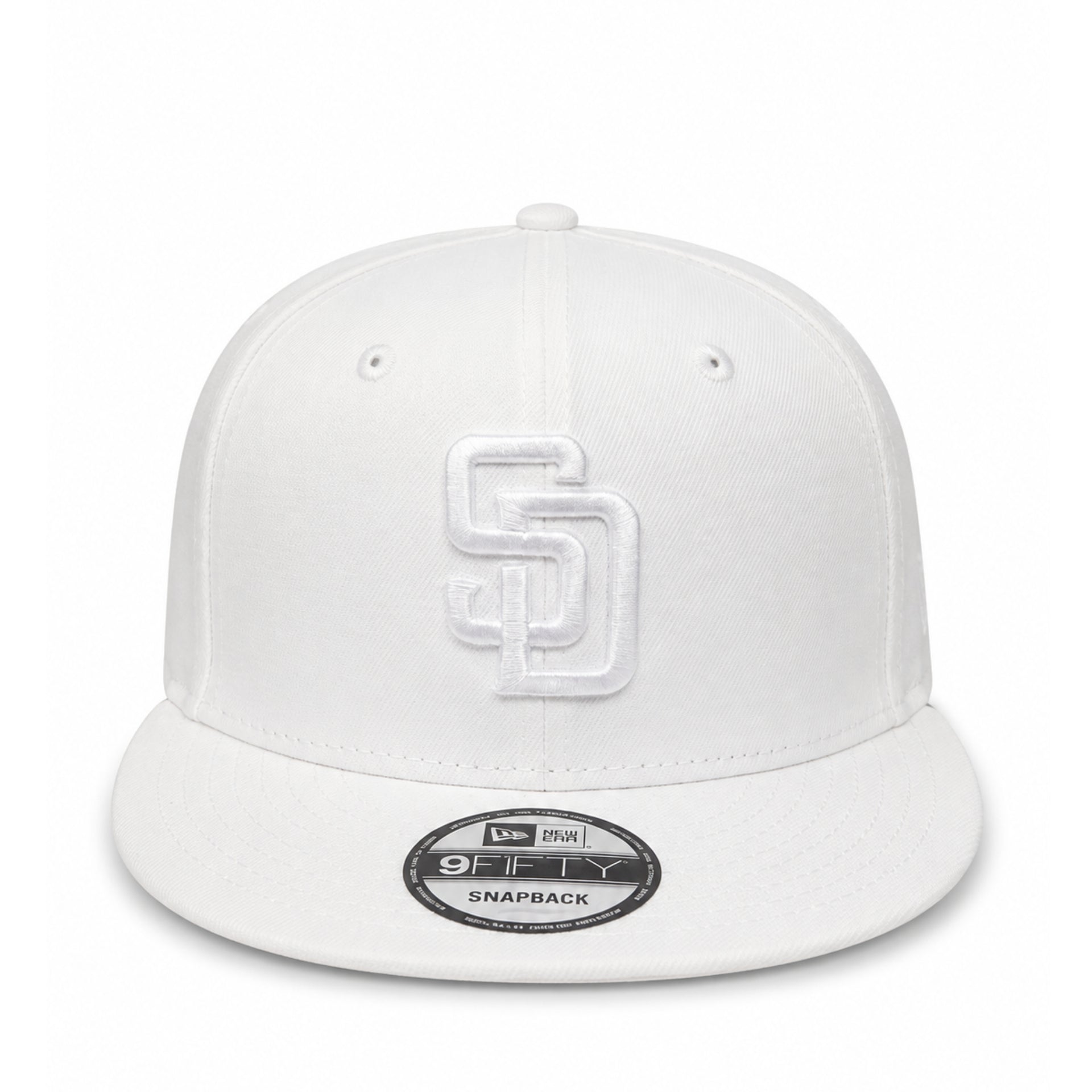 New Era San Diego Padres White 9FIFTY Snapback Hat front view with SD logo