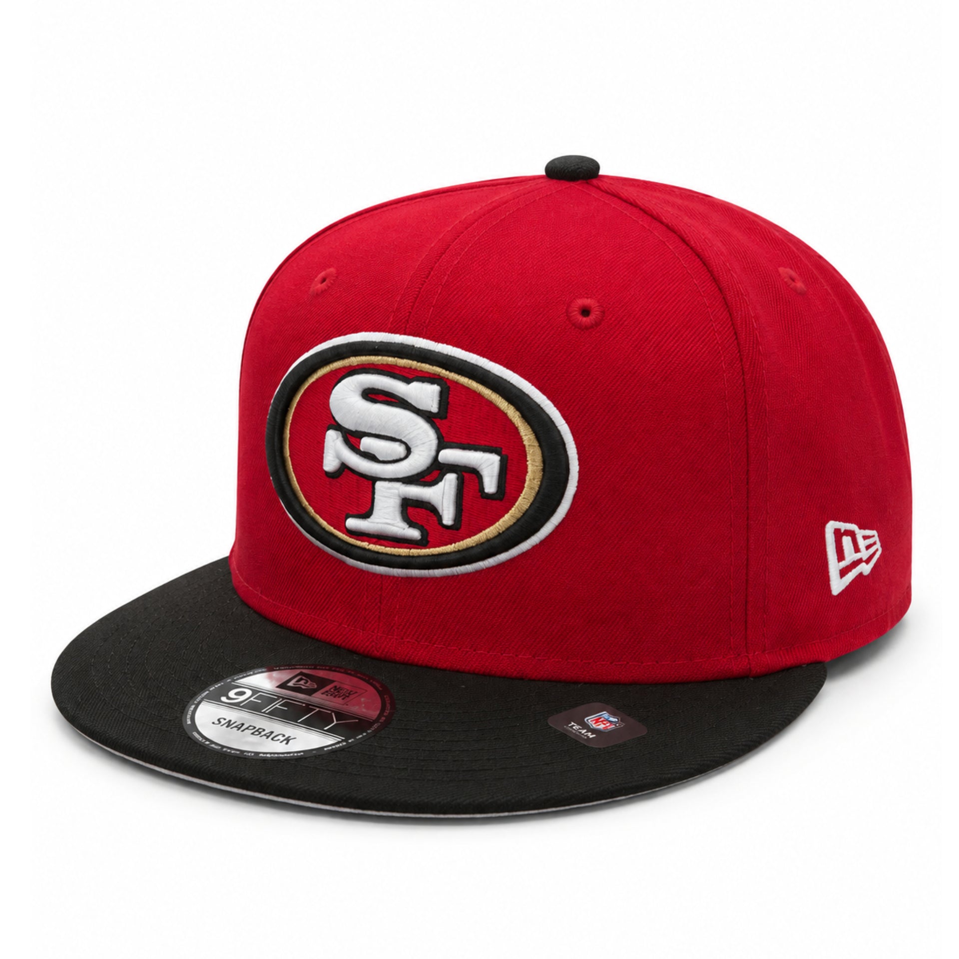New Era San Francisco 49ers Red Black 9FIFTY Snapback Hat front angle view