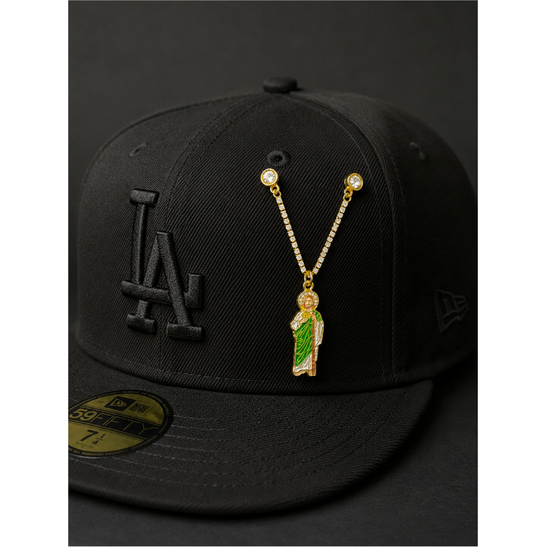 San Judas Chain Hat Pin on the hat view
