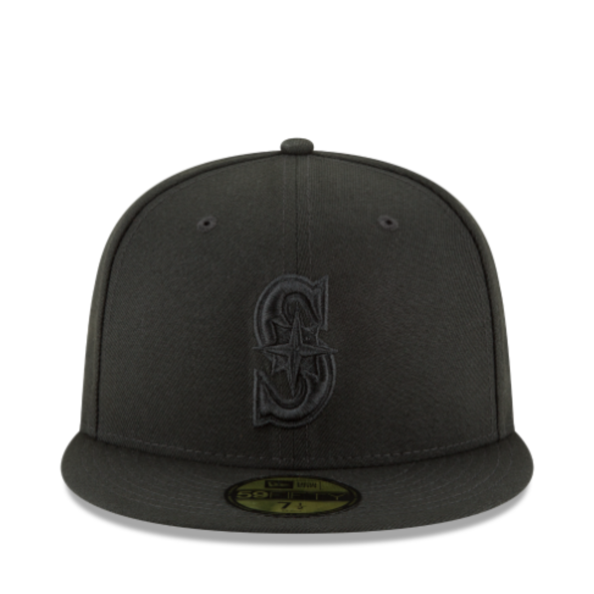 Front View of New Era Seattle Mariners Black on Black 59FIFTY Fitted Cap