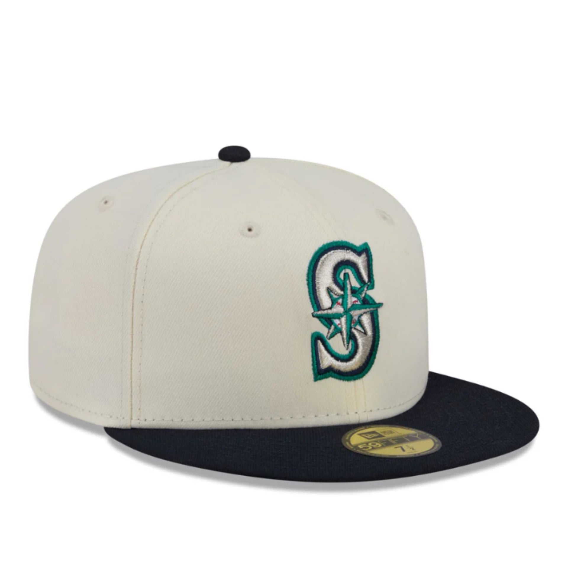 New Era Seattle Mariners Chrome Navy 59FIFTY Fitted Hat front right view