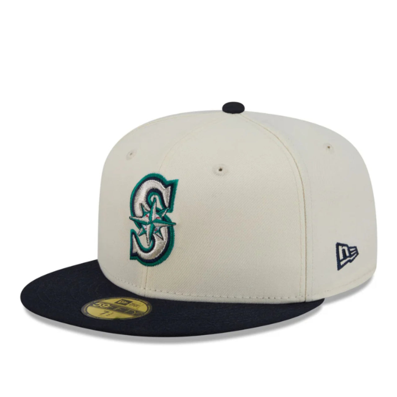 New Era Seattle Mariners Chrome Navy 59FIFTY Fitted Hat front left view