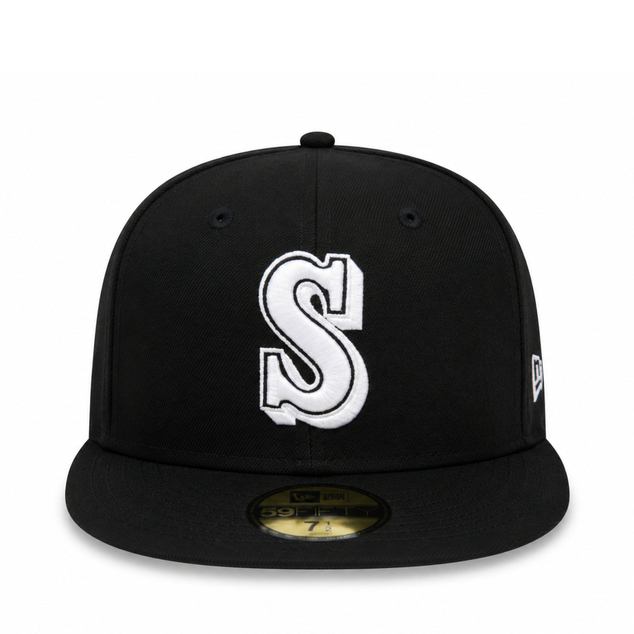 New Era Seattle Mariners Cooperstown Black White 59FIFTY Fitted Hat front view