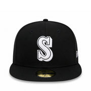 New Era Seattle Mariners Cooperstown Black White 59FIFTY Fitted Hat front view