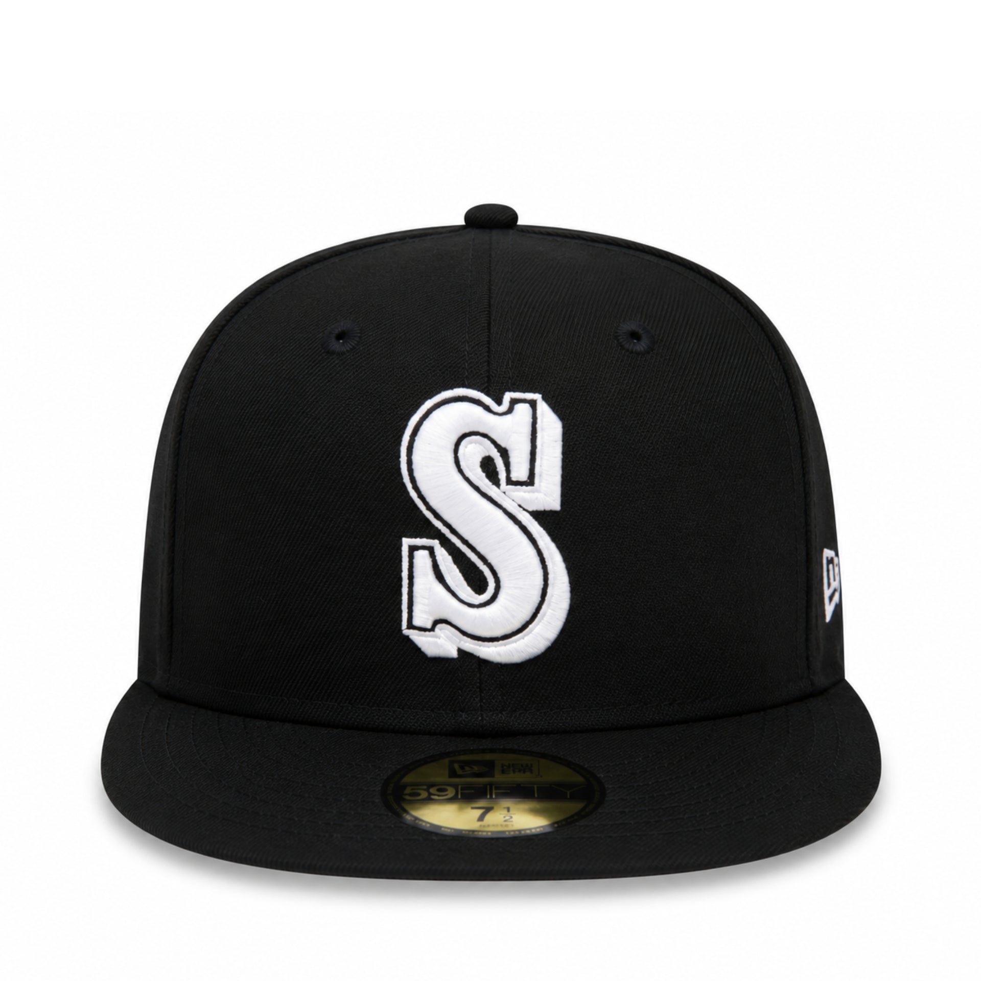 New Era Seattle Mariners Cooperstown Black White 59FIFTY Fitted Hat front view