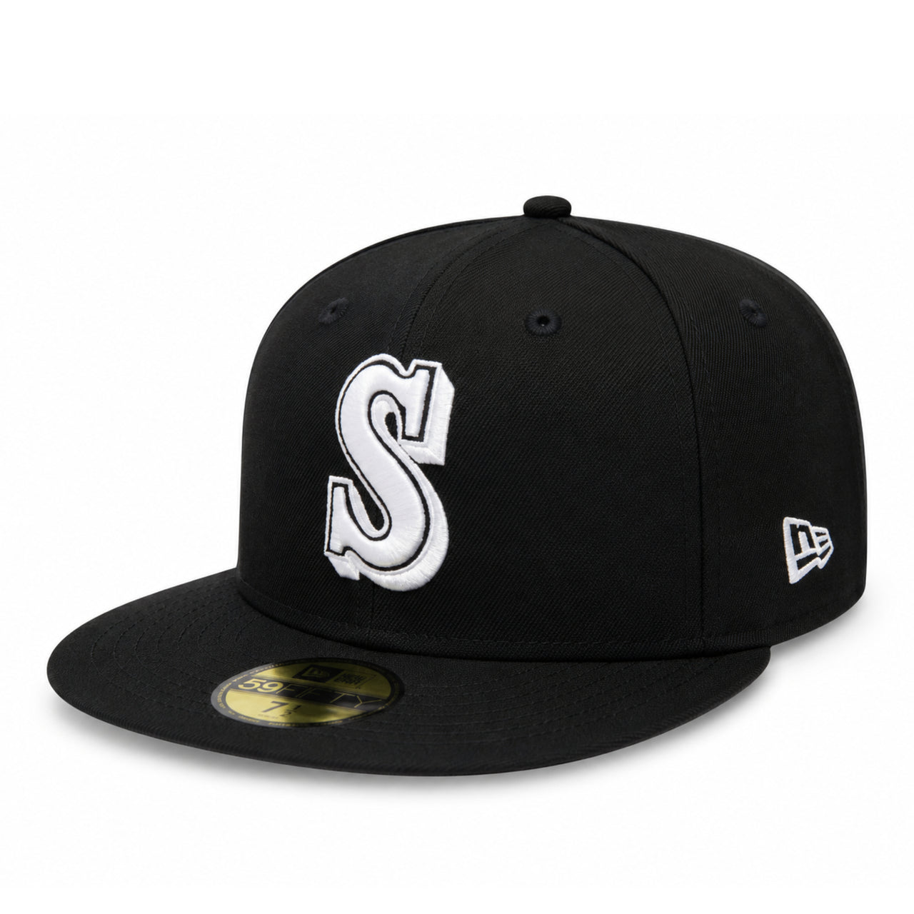 New Era Seattle Mariners Cooperstown Black White 59FIFTY Fitted Hat front side view 