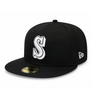 New Era Seattle Mariners Cooperstown Black White 59FIFTY Fitted Hat front side view 