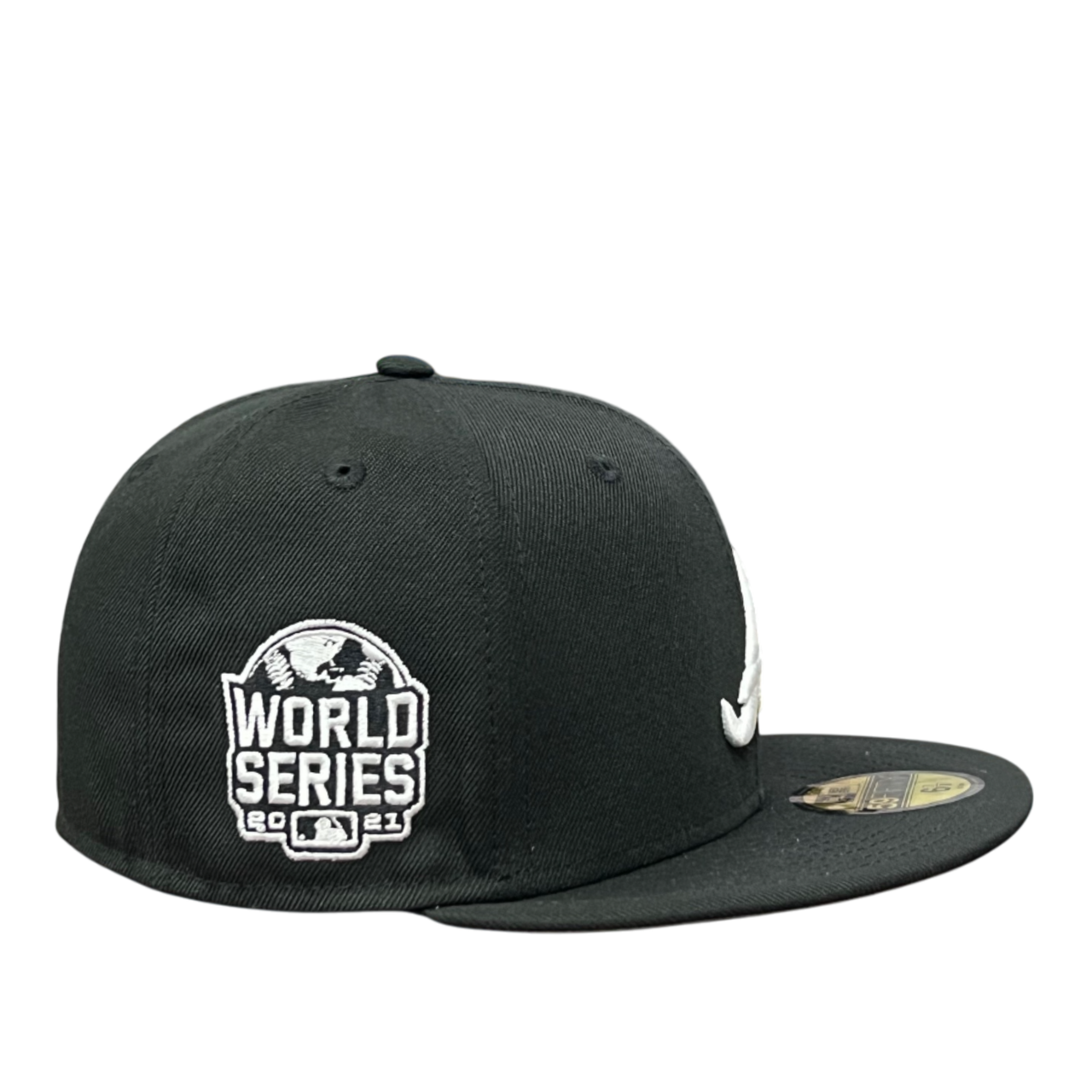 side of Atlanta Braves 2021 World Series Black White 59FIFTY Fitted Hat