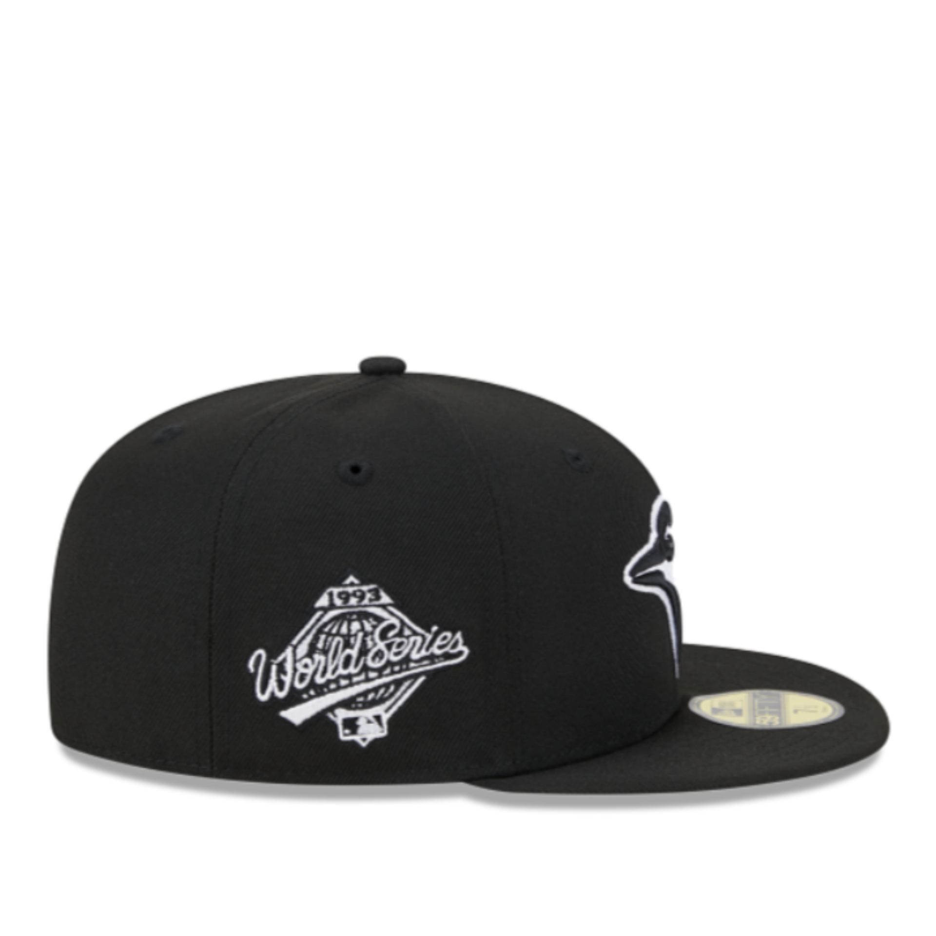 Side View of New Era Toronto Blue Jays 1993 World Series Black White 59FIFTY Fitted Hat