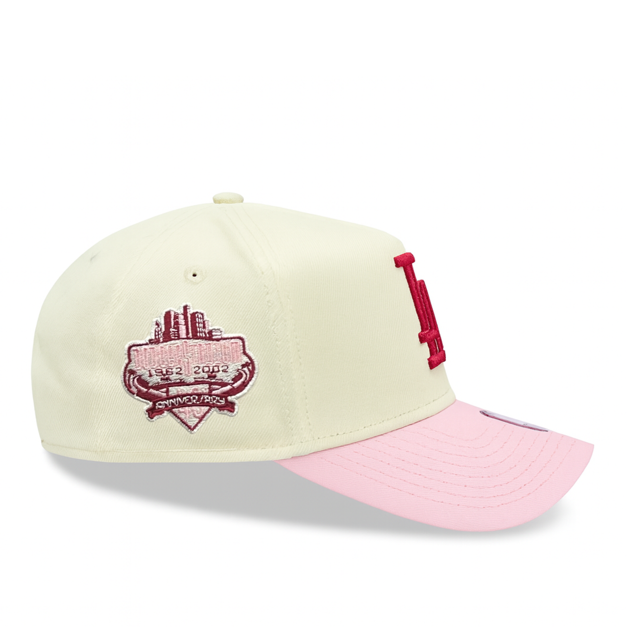 side patch of Los Angeles Dodgers Chrome Pink Rose 9FORTY A-Frame Snapback