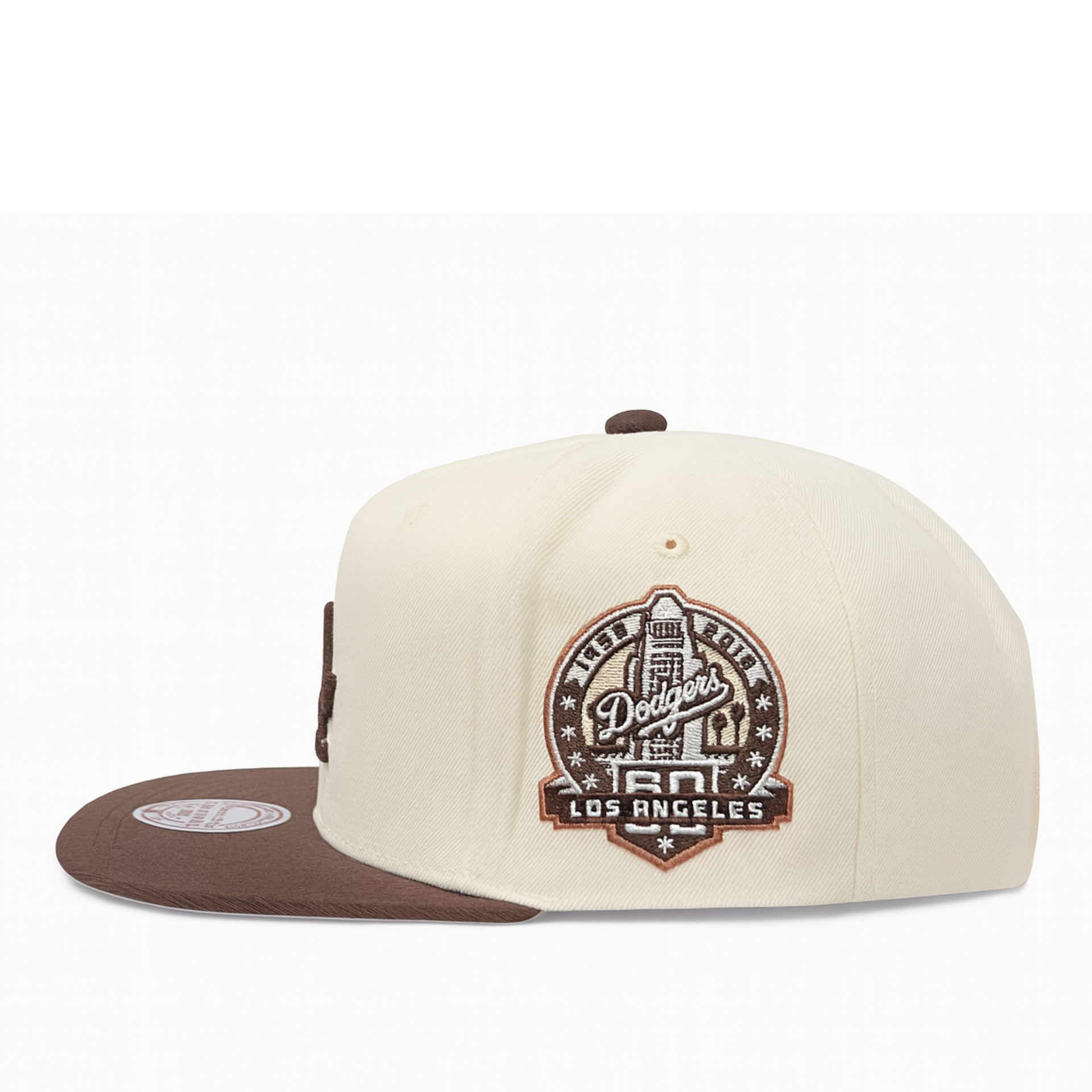 side patch of Los Angeles Dodgers Fashion Basic 60th Anniversary Brown Original Fit Snapback