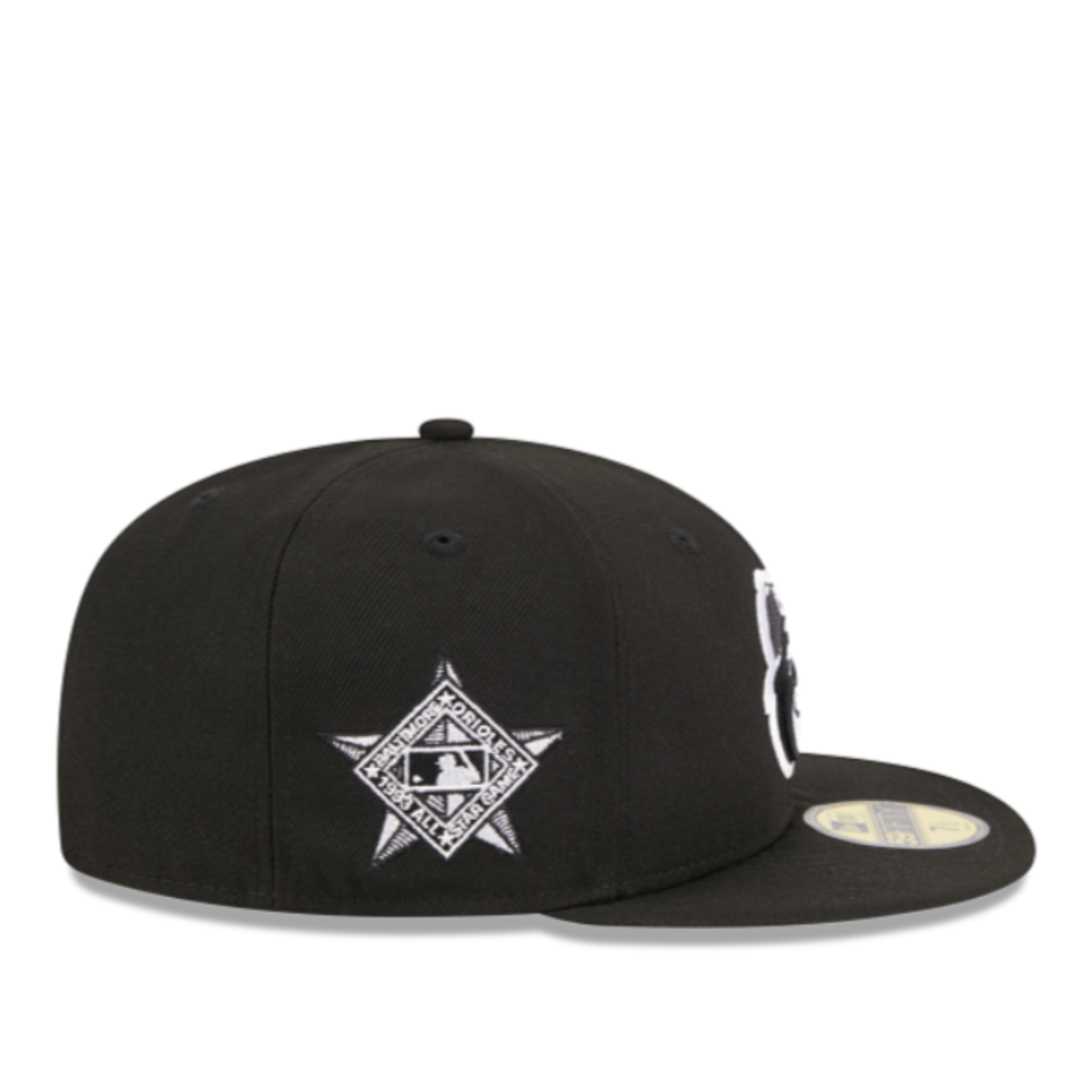 Side View of New Era Baltimore Orioles Black and White 59FIFTY Fitted Hat