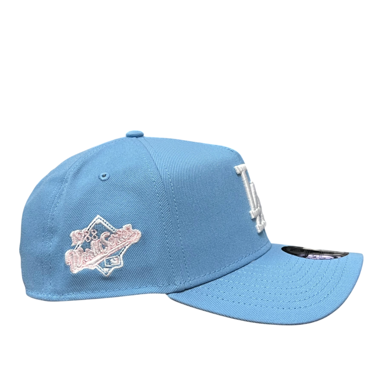 side of Los Angeles Dodgers Sky Blue Pink 9FORTY A-Frame Snapback