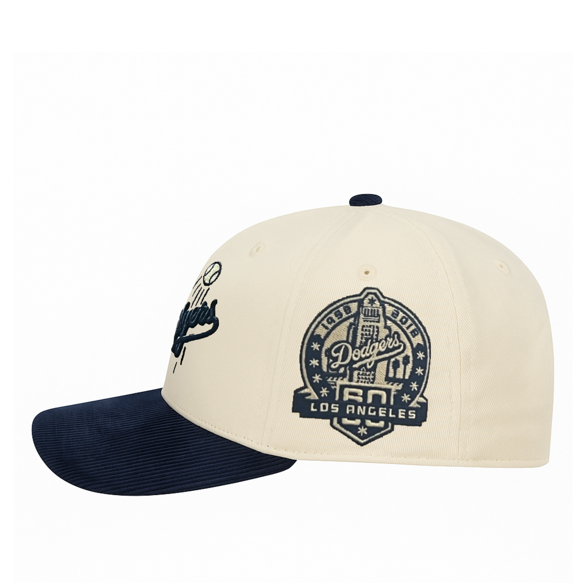 side patch of Los Angeles Dodgers Ivory Navy Corduroy Pro Crown Fit Snapback