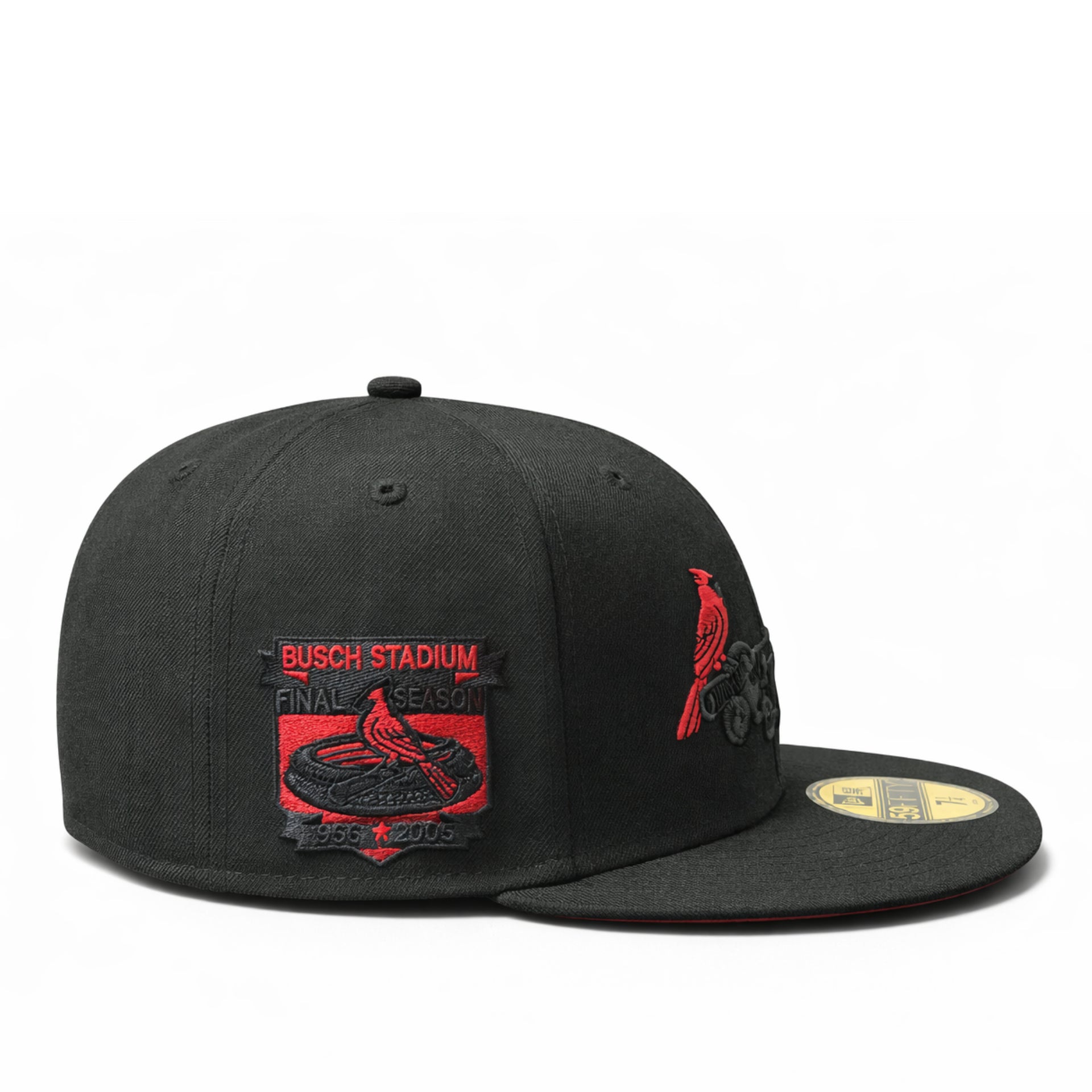 side patch of New Era St. Louis Cardinals Busch Stadium Final Season Cooperstown Wool 59FIFTY Fitted Hat Black Red