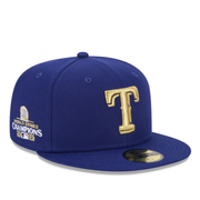 Blue New Era fitted cap with Texas Rangers Gold logo with 2023 World Series Champions on the side 