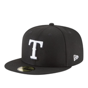 New Era Texas Rangers Black White 59FIFTY Fitted Hat front angle view